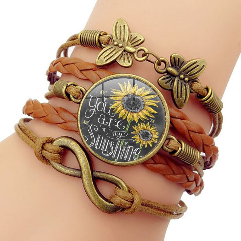 Retro Butterfly Infinity Combination Braided Armbånd Trykt Sunflower Time Edelstensdekorasjon Håndlaget Flerlags Armbånd