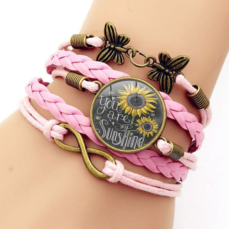 Retro Butterfly Infinity Combination Braided Armbånd Trykt Sunflower Time Edelstensdekorasjon Håndlaget Flerlags Armbånd