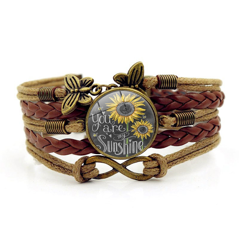 Retro Butterfly Infinity Combination Braided Armbånd Trykt Sunflower Time Edelstensdekorasjon Håndlaget Flerlags Armbånd