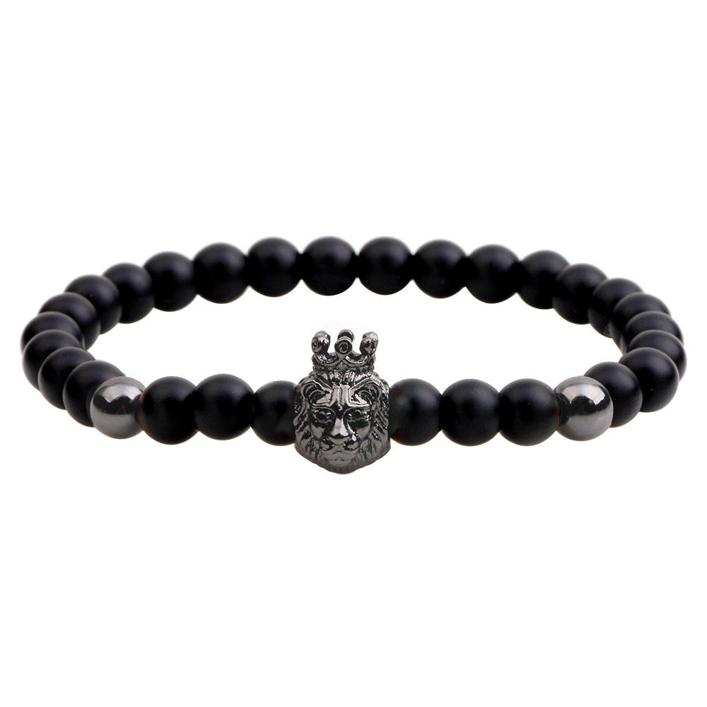 Vintage Black Agate Beaded Armbånd Punk Lion Head Justerbart Armbånd For Menn