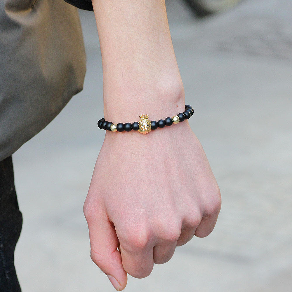 Vintage Black Agate Beaded Armbånd Punk Lion Head Justerbart Armbånd For Menn