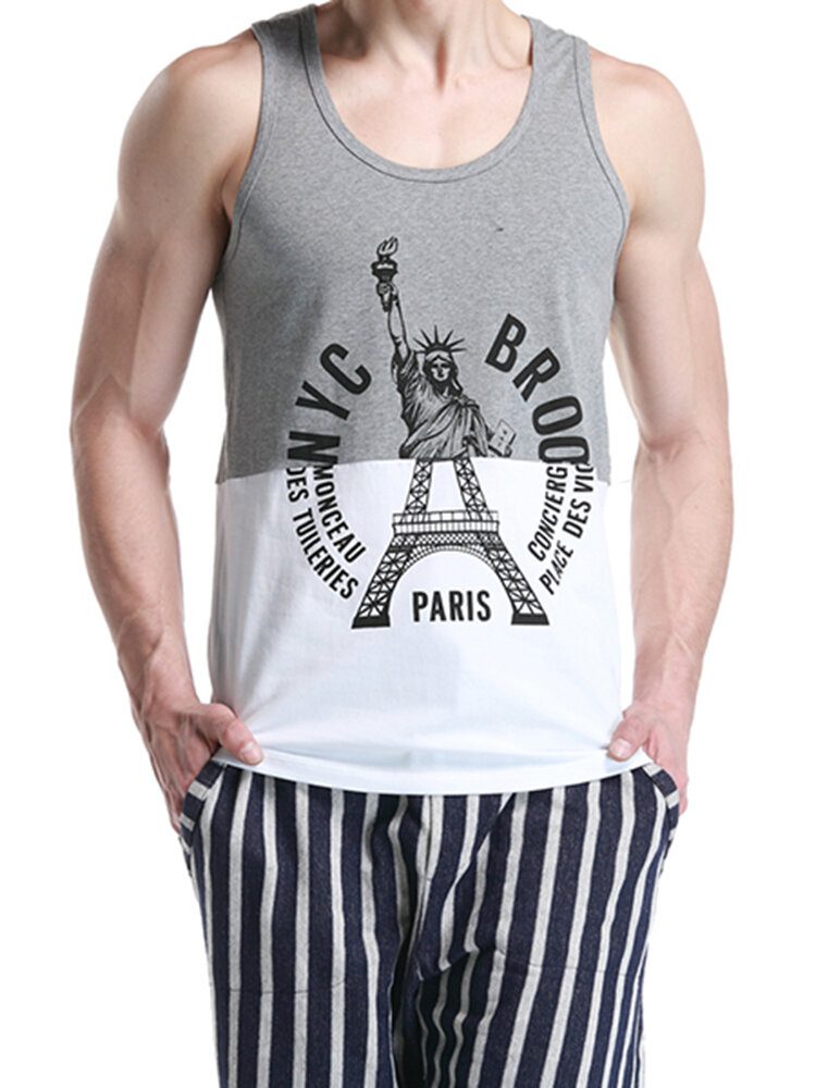 Seobean New York Paris Trykt Herrevest Bomull Sommer Fritid Fitness Jogging Sport Topper