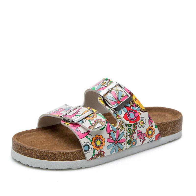 Dame Beach Printing Myk Dual Strap Flate Cork Slippers Sandalss