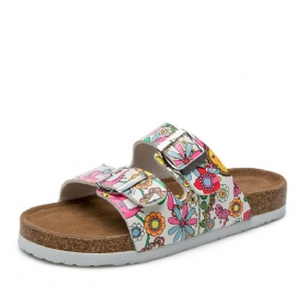 Dame Beach Printing Myk Dual Strap Flate Cork Slippers Sandalss