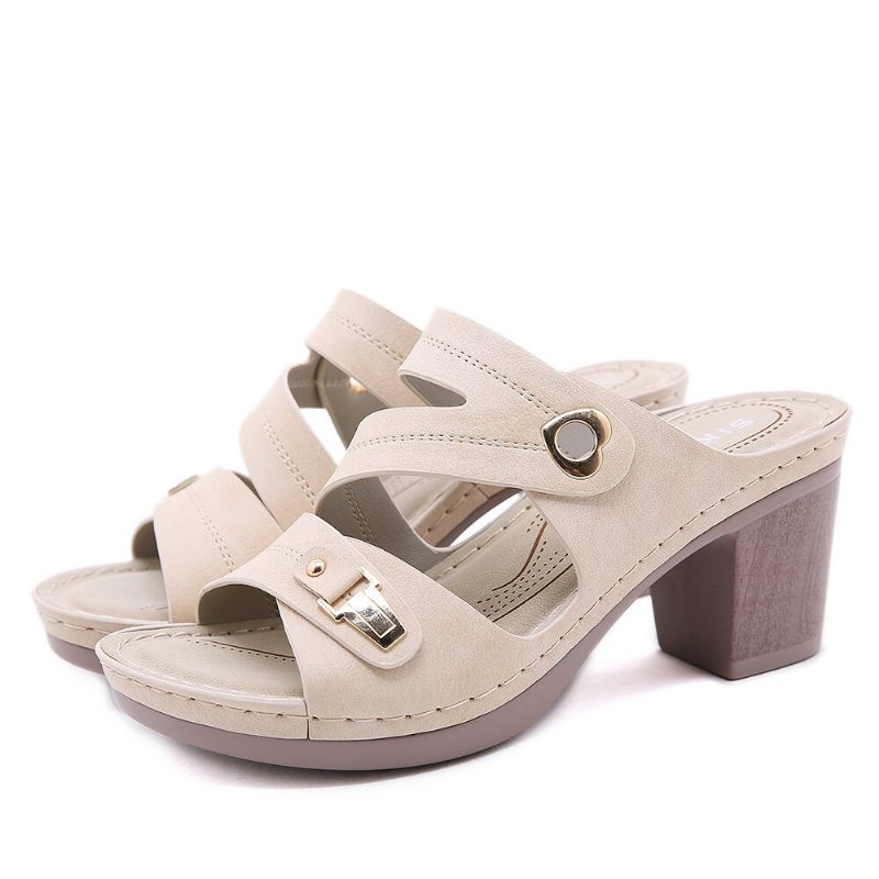 Dame Comfy Metal Spenne Peep Toe Ryggløse Chunky Heel Sandaler