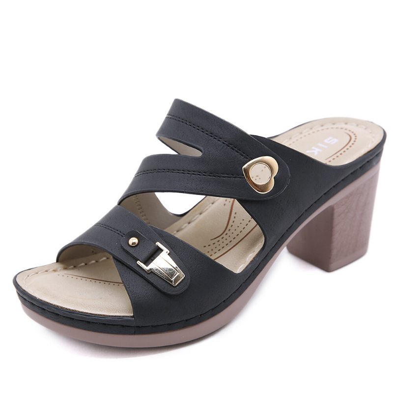 Dame Comfy Metal Spenne Peep Toe Ryggløse Chunky Heel Sandaler