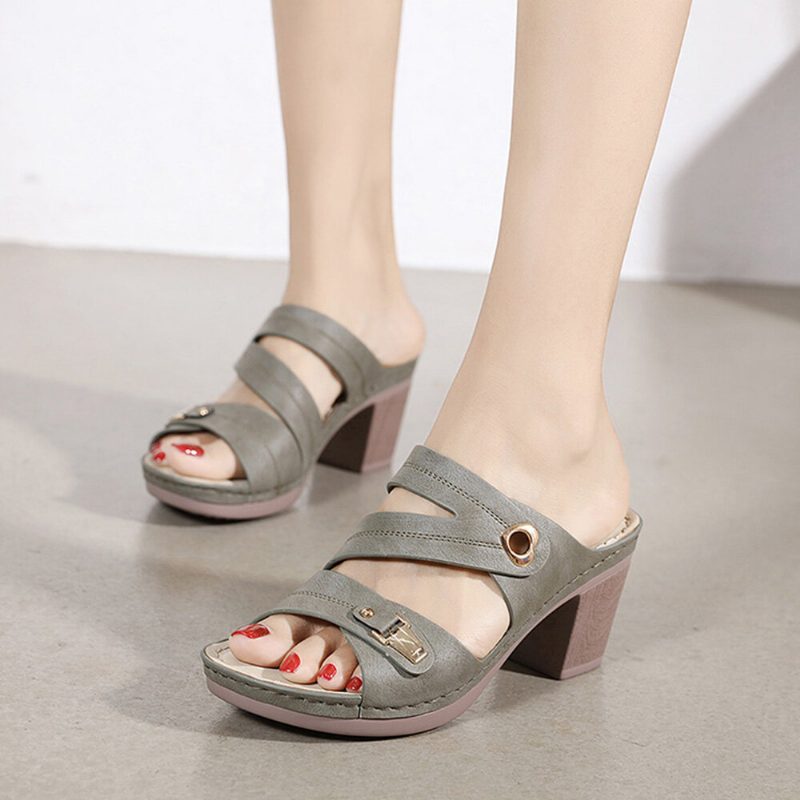 Dame Comfy Metal Spenne Peep Toe Ryggløse Chunky Heel Sandaler