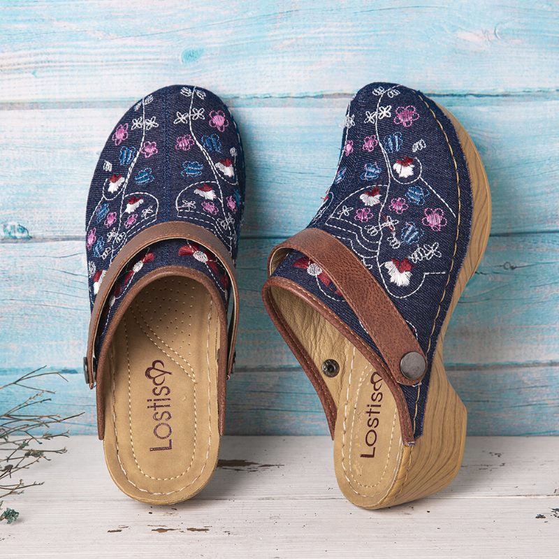 Dame Denim Blomsterbroderi Closed Toe Clogs Sandaler