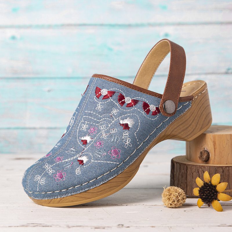 Dame Denim Blomsterbroderi Closed Toe Clogs Sandaler