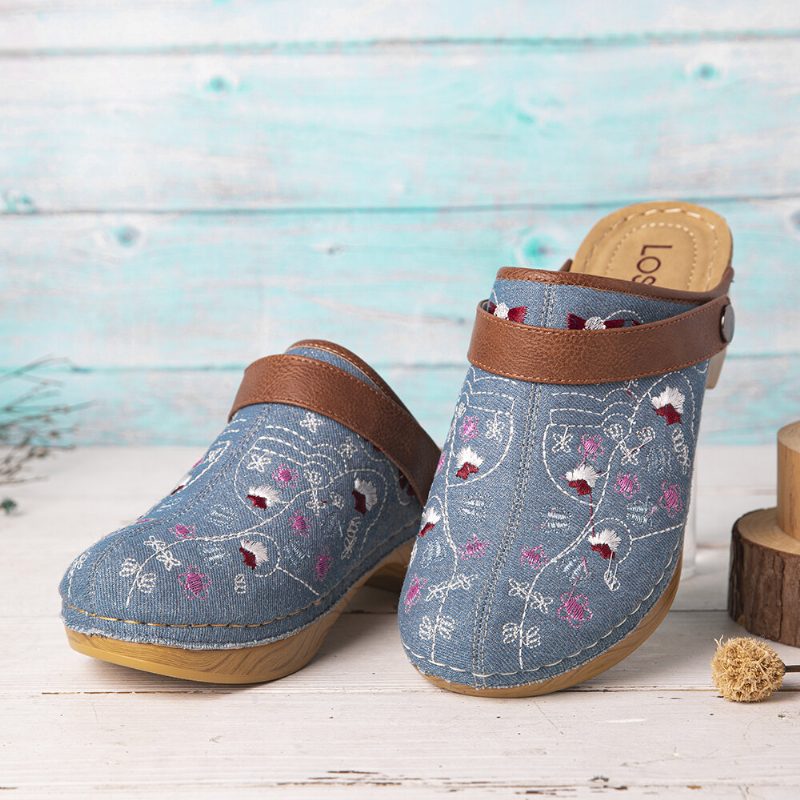 Dame Denim Blomsterbroderi Closed Toe Clogs Sandaler