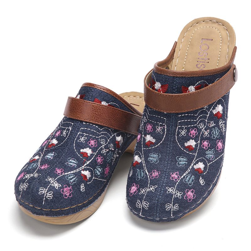 Dame Denim Blomsterbroderi Closed Toe Clogs Sandaler