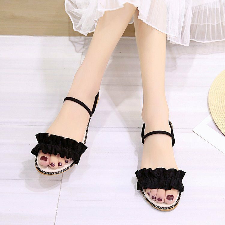 Dame Ensfarge Dobbel Band Lace Band Flats Sandaler