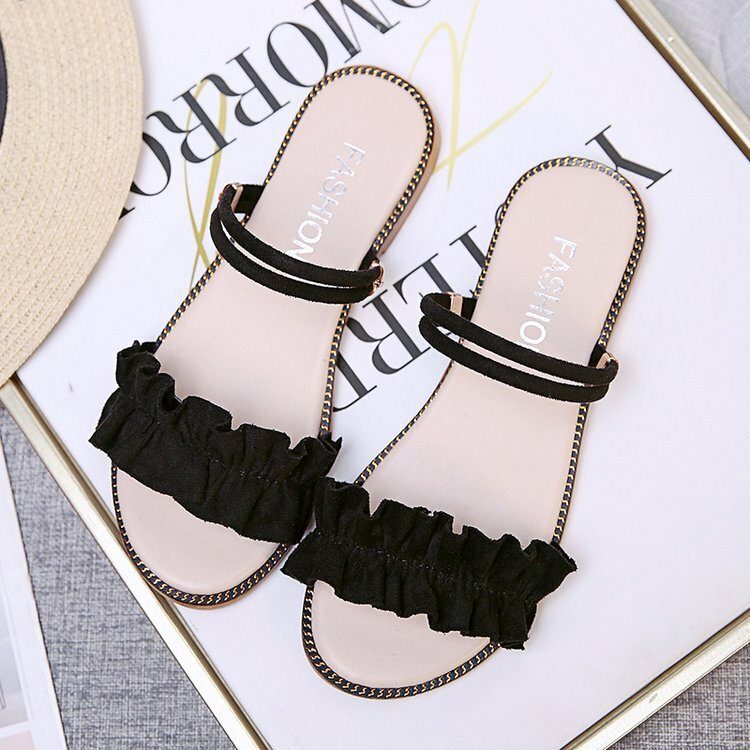 Dame Ensfarge Dobbel Band Lace Band Flats Sandaler