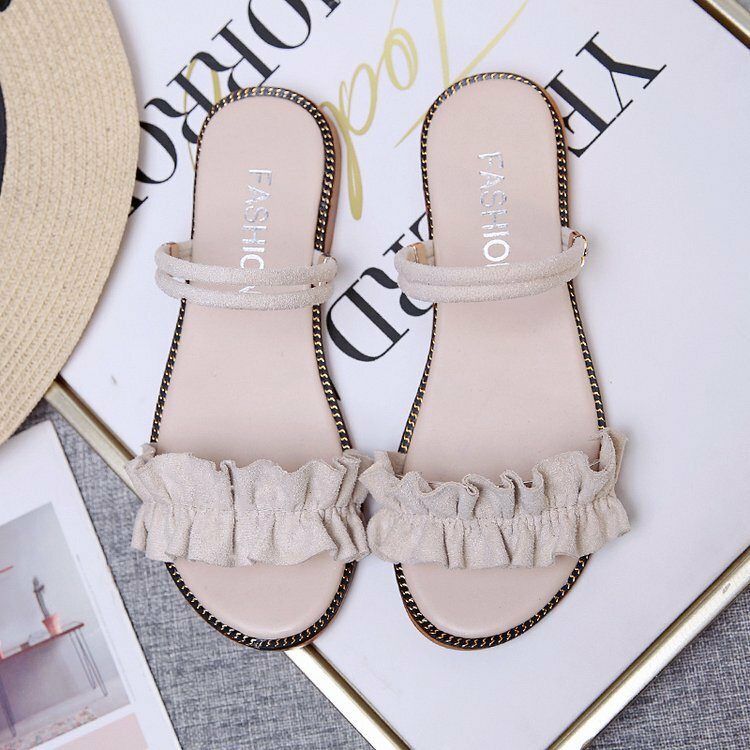 Dame Ensfarge Dobbel Band Lace Band Flats Sandaler