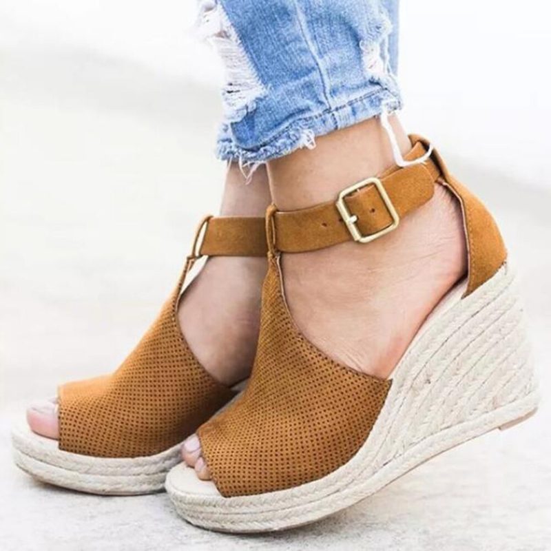 Dame Espadrilles Peep Toe Buckle Comfy Casual Wedges Sandaler