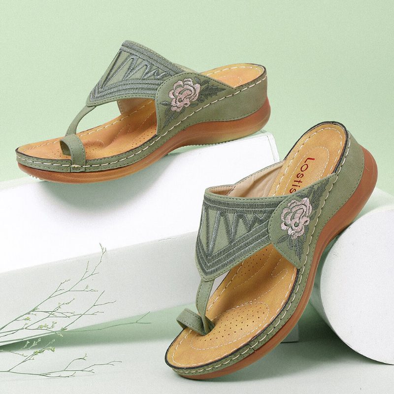 Dame Flower Brodery Toe Ring Comfy Casual Daily Summer Wedge Sandaler