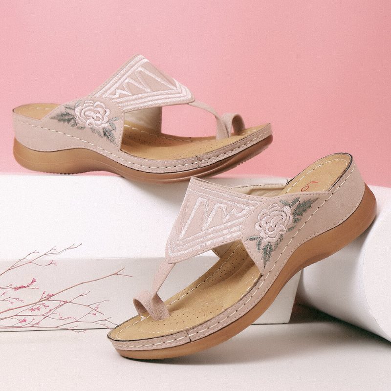 Dame Flower Brodery Toe Ring Comfy Casual Daily Summer Wedge Sandaler