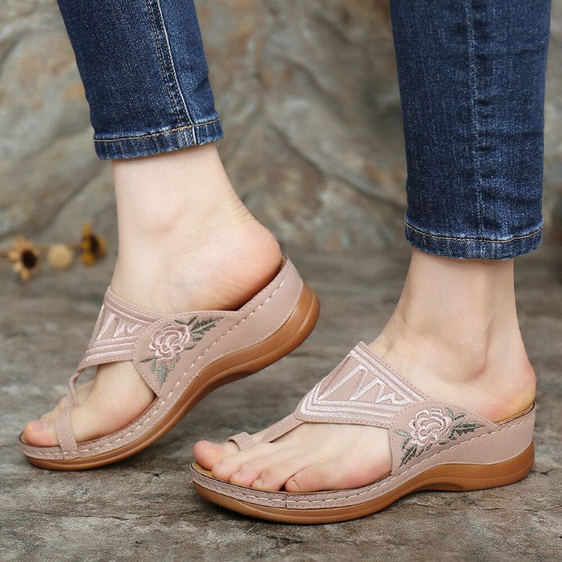 Dame Flower Brodery Toe Ring Comfy Casual Daily Summer Wedge Sandaler