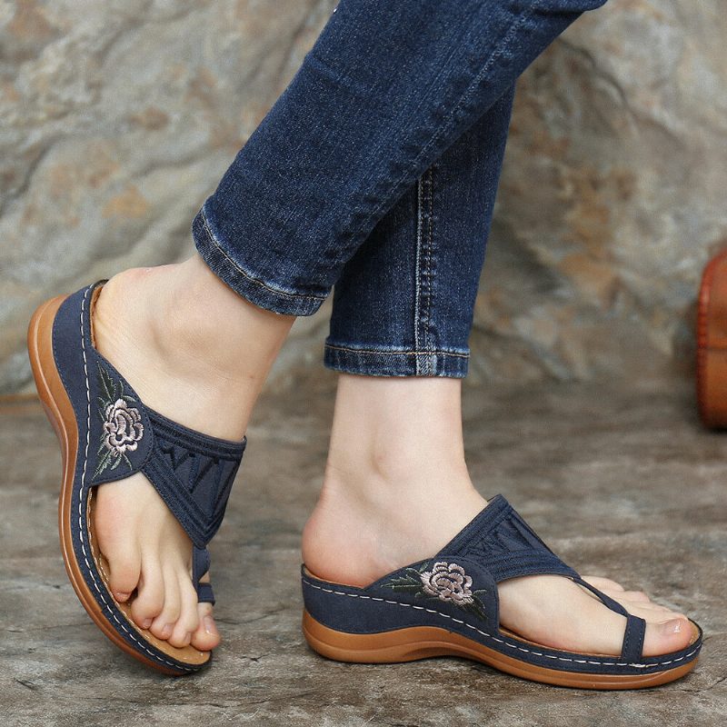 Dame Flower Brodery Toe Ring Comfy Casual Daily Summer Wedge Sandaler