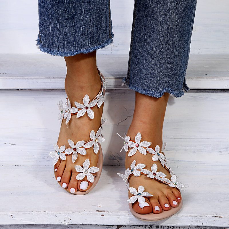 Dame Flower Decro Bohemia Beading Toe Ring Casual Beach Flate Sandaler