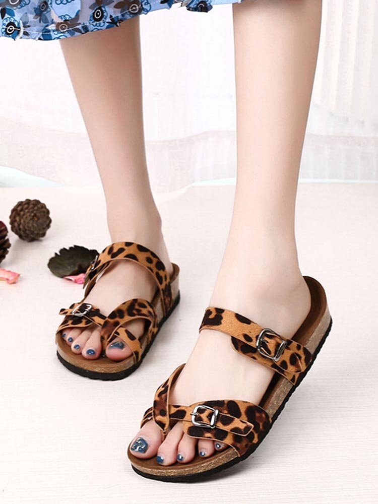 Dame Leopard Print Flate Toe Ring Spenne Stropp Komfortable Strandsandaler