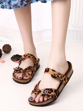 Dame Leopard Print Flate Toe Ring Spenne Stropp Komfortable Strandsandaler