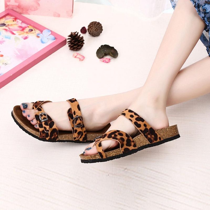 Dame Leopard Print Flate Toe Ring Spenne Stropp Komfortable Strandsandaler