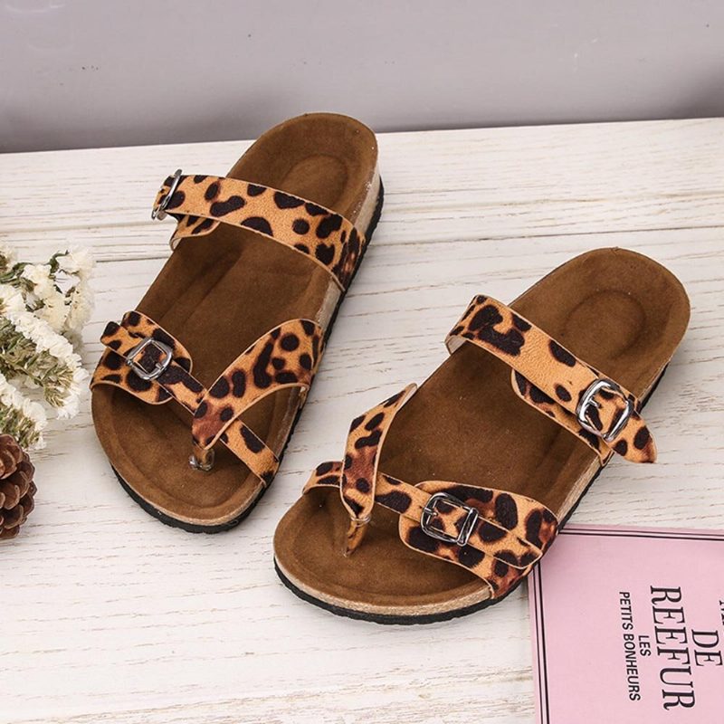 Dame Leopard Print Flate Toe Ring Spenne Stropp Komfortable Strandsandaler