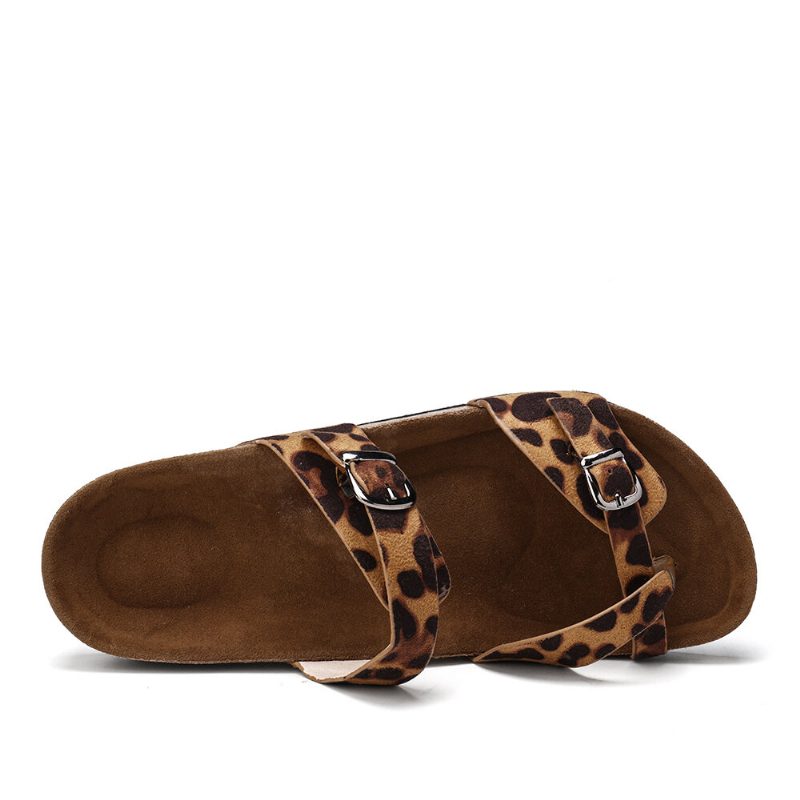 Dame Leopard Print Flate Toe Ring Spenne Stropp Komfortable Strandsandaler