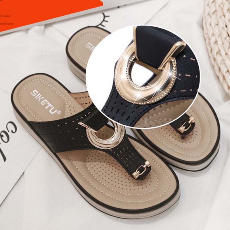 Dame Metalldekor Hollow Comfy Clip Toe Beach Casual Sandaler