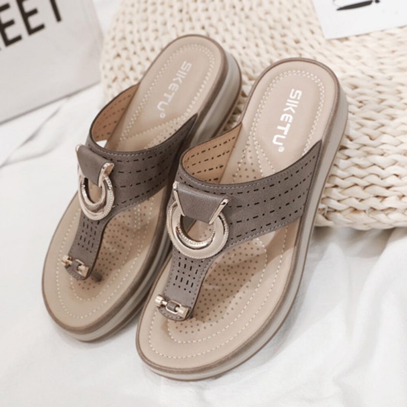 Dame Metalldekor Hollow Comfy Clip Toe Beach Casual Sandaler