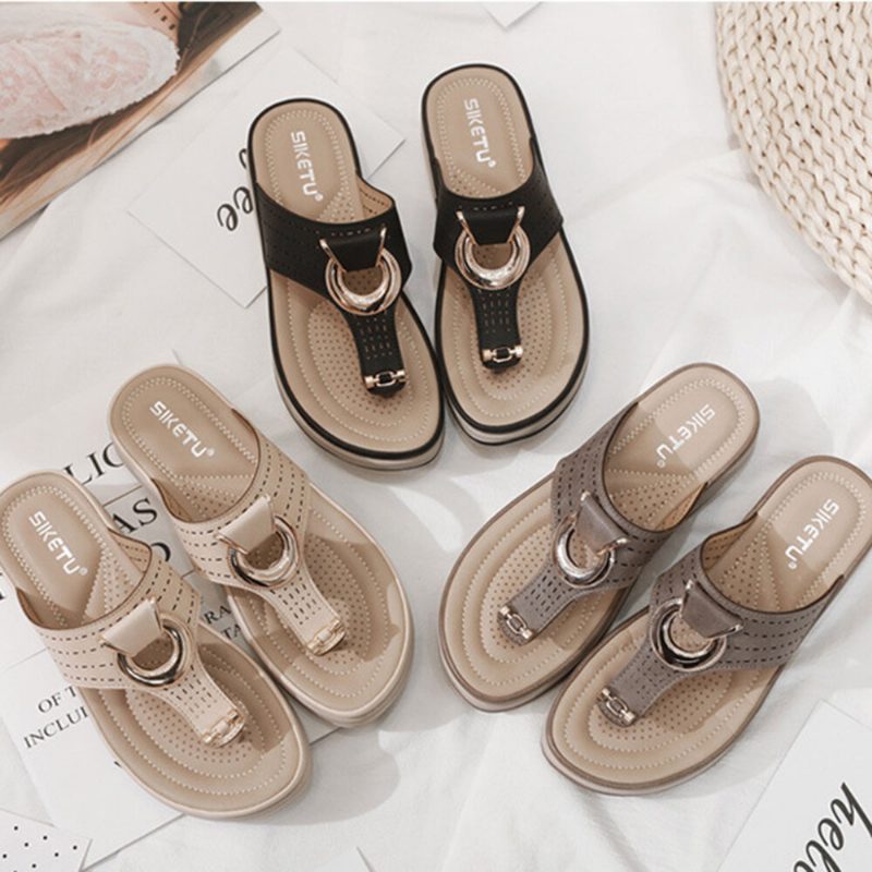 Dame Metalldekor Hollow Comfy Clip Toe Beach Casual Sandaler