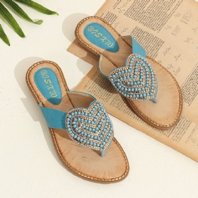 Dame Rhinestone Heart Shape Dekor Clip Toe Flats Sandaler