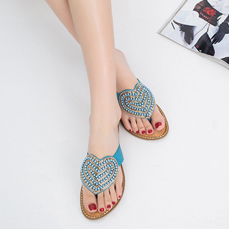 Dame Rhinestone Heart Shape Dekor Clip Toe Flats Sandaler