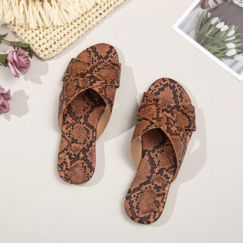 Dame Snakeskin Print Cross Belt Flats Sandaler