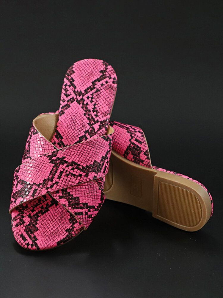 Dame Snakeskin Print Cross Belt Flats Sandaler