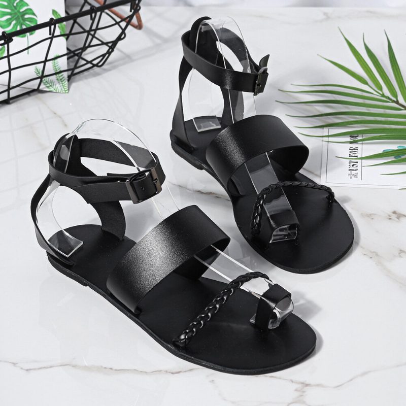 Dame Sommer Roman Black Clip Toe Spenne Flate Sandaler