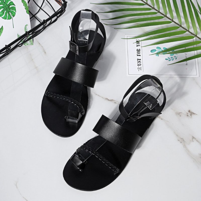 Dame Sommer Roman Black Clip Toe Spenne Flate Sandaler