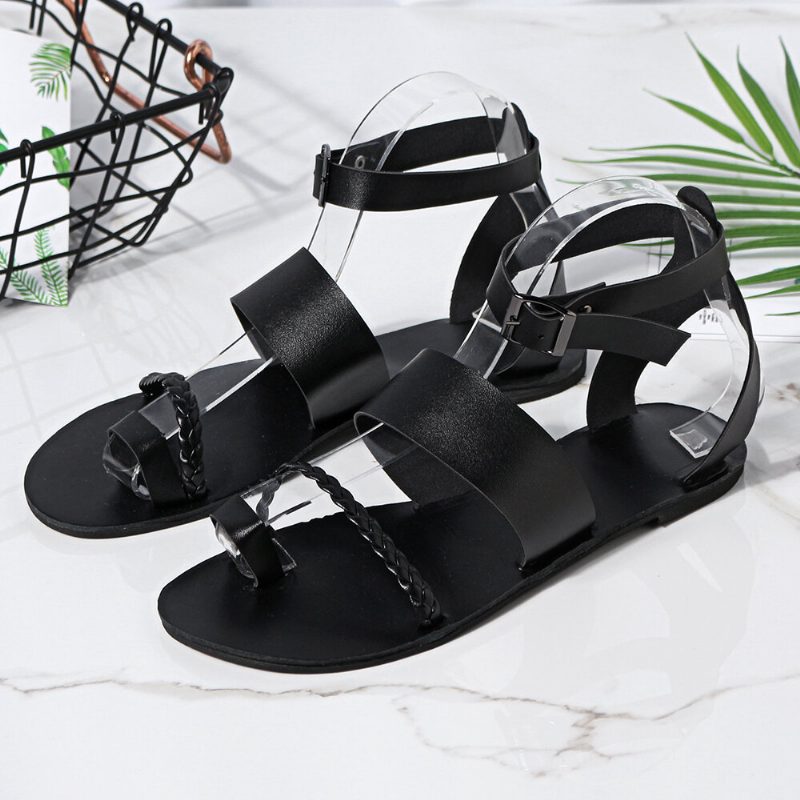 Dame Sommer Roman Black Clip Toe Spenne Flate Sandaler