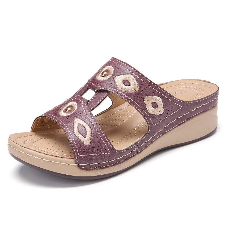 Damebroderi Med Åpen Tå Slip On Comfy Casual Wedge-sandaler