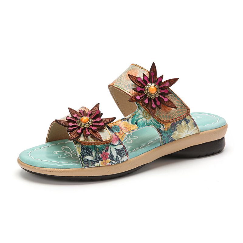 Ekte Skinn Behagelig Halcyon Beach Vacation Bohemian Etnisk Floral Dekor Slidesandaler