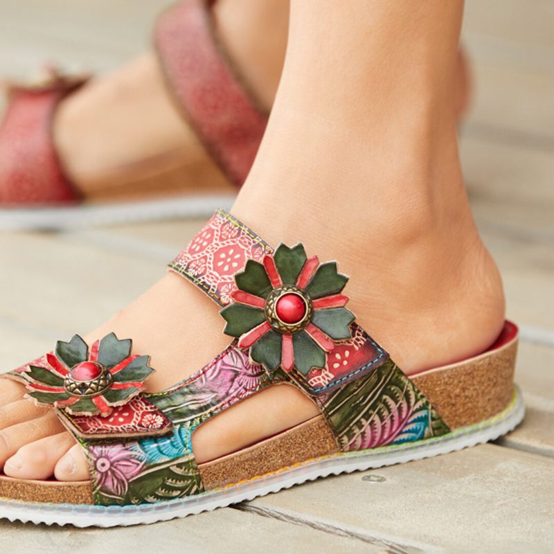 Ekte Skinn Comfy Beach Vacation Bohemian Etnisk Floral Krokløkke Utendørs Kiler Sandaler