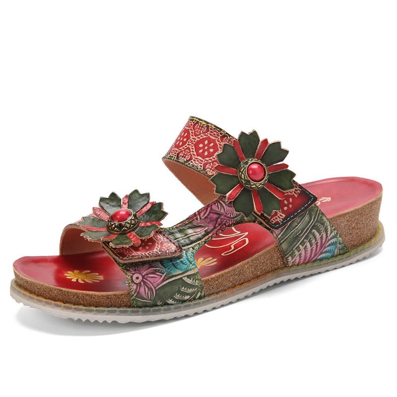 Ekte Skinn Comfy Beach Vacation Bohemian Etnisk Floral Krokløkke Utendørs Kiler Sandaler