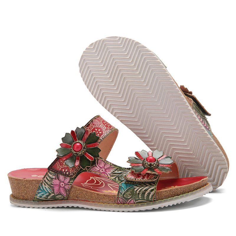 Ekte Skinn Comfy Beach Vacation Bohemian Etnisk Floral Krokløkke Utendørs Kiler Sandaler