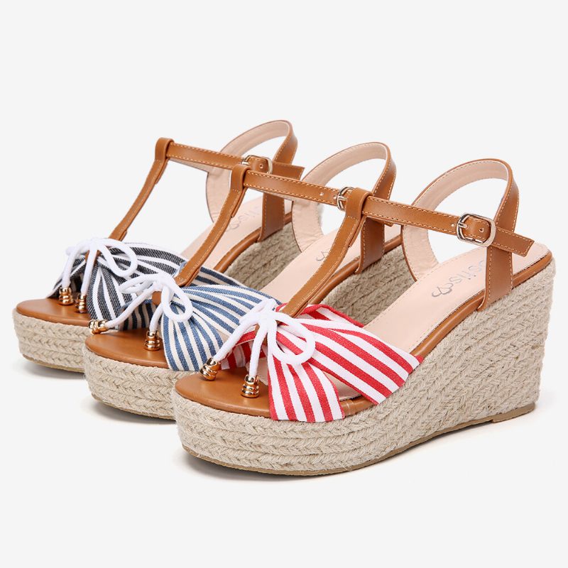 Espadriller For Kvinner Stripete T-stropp Kryssrem Casual Beach Wedge Sandaler