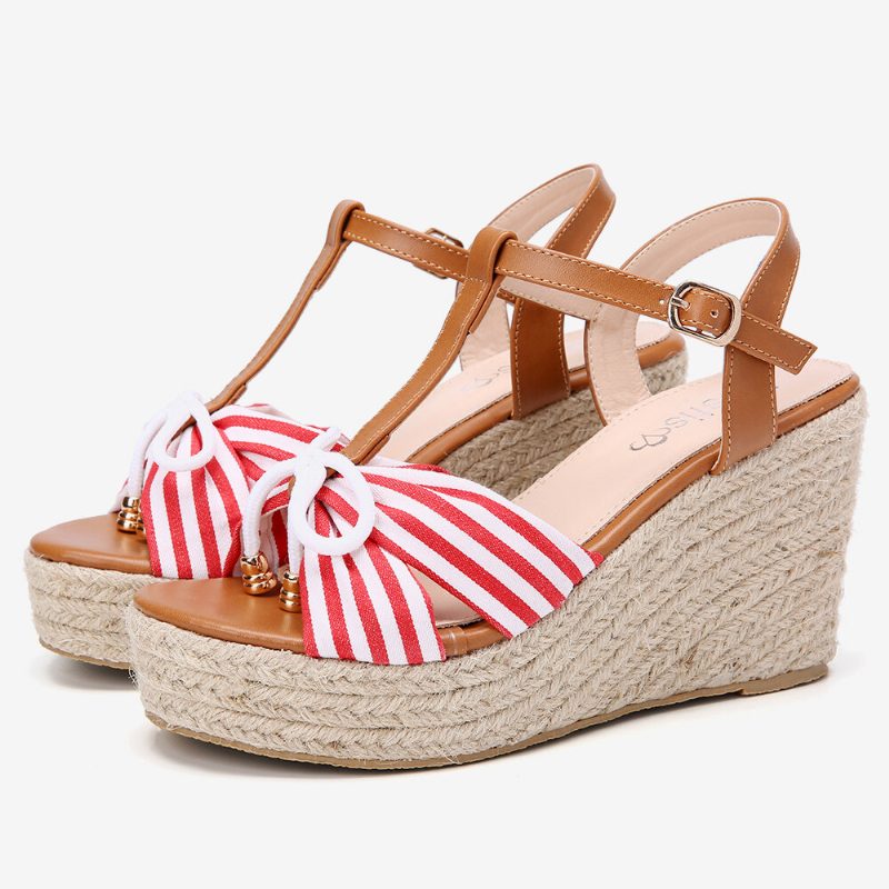 Espadriller For Kvinner Stripete T-stropp Kryssrem Casual Beach Wedge Sandaler