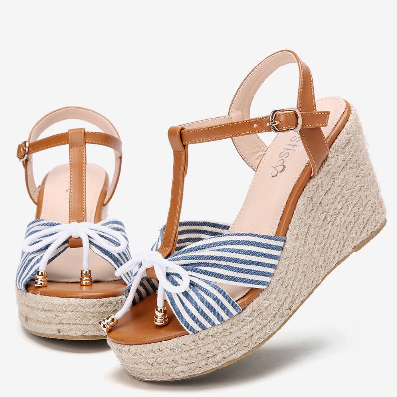 Espadriller For Kvinner Stripete T-stropp Kryssrem Casual Beach Wedge Sandaler