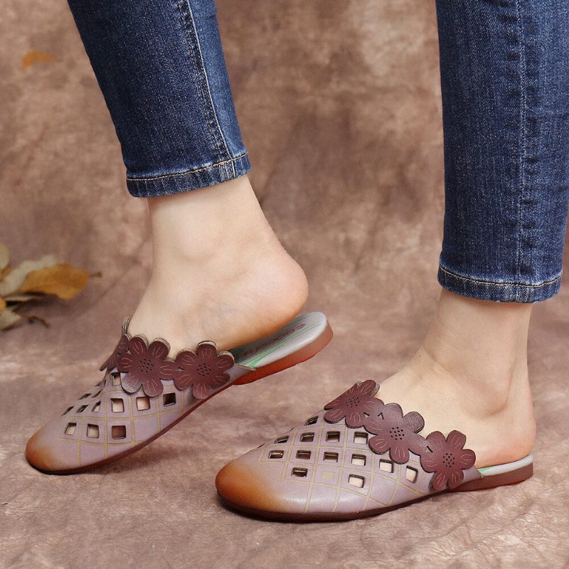 Floral Comfy Leather Cut Out Runde Tå Slip-on Mules Flate Sko