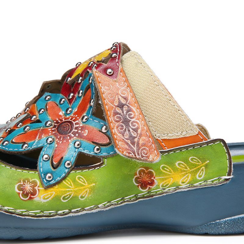 Håndlagde Lærpiggede Blomster-slip-on Flate Lysbilder Mules Clogs Sandaler