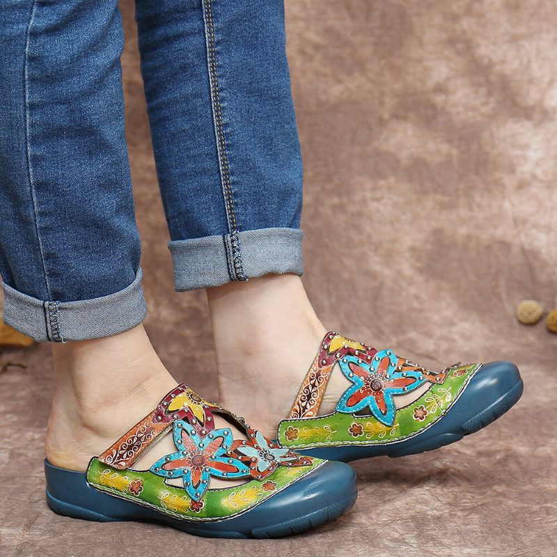 Håndlagde Lærpiggede Blomster-slip-on Flate Lysbilder Mules Clogs Sandaler